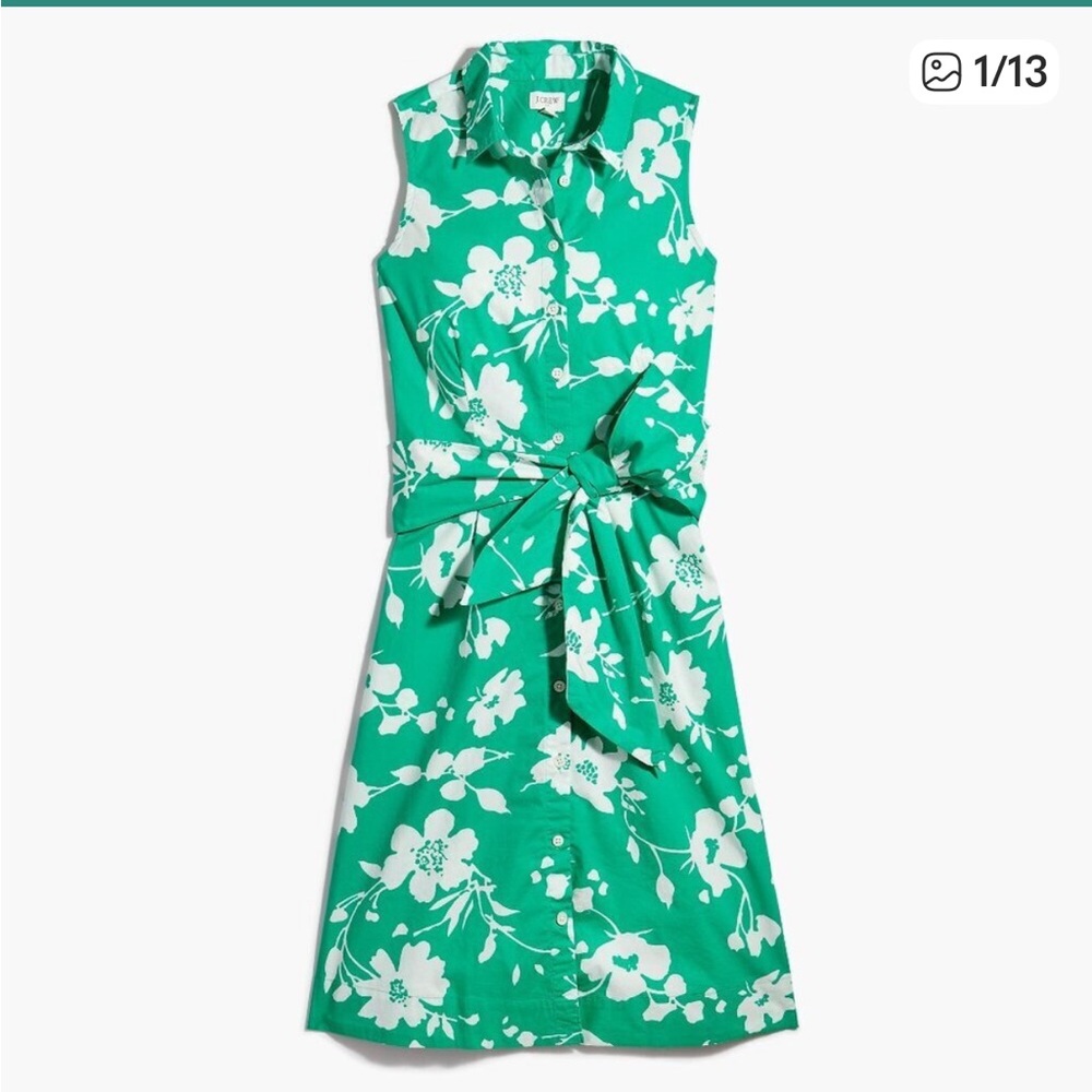 J. Crew Sleeveless Tie-Waist Shirtdress in Florence Floral Green 16